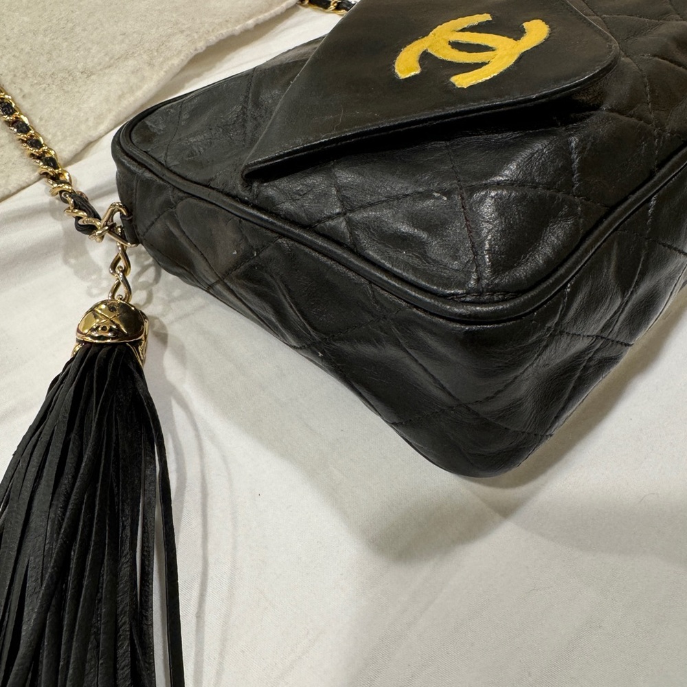 CHANEL CC Matelasse Tassel Chain Shoulder Bag Leather Black Vintage - Picture 5 of 13